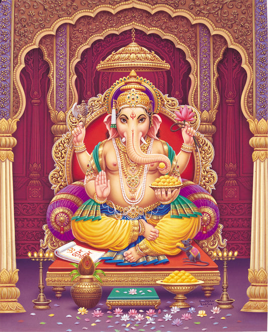 Ganesha Amidst Burgundy Grandeur: A Symphony of Gold and Petals