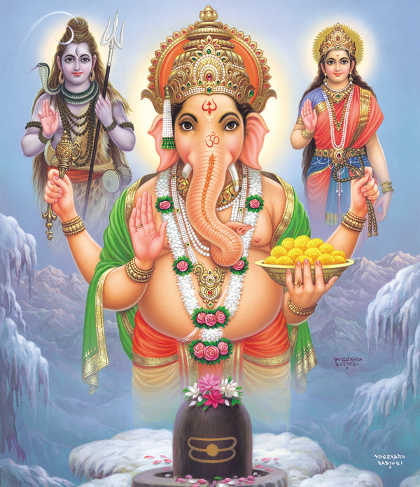Divine Trio: Painting of Lord Ganesha with Shiva and Parvati